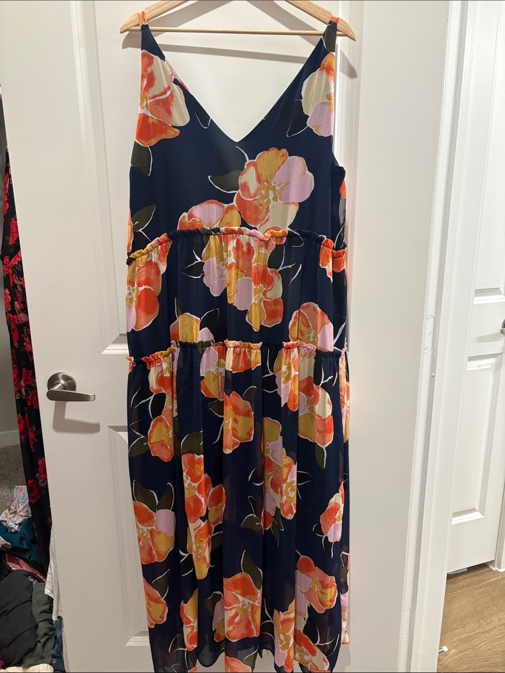 Maurices Navy Floral Tiered Slip Maxi Dress